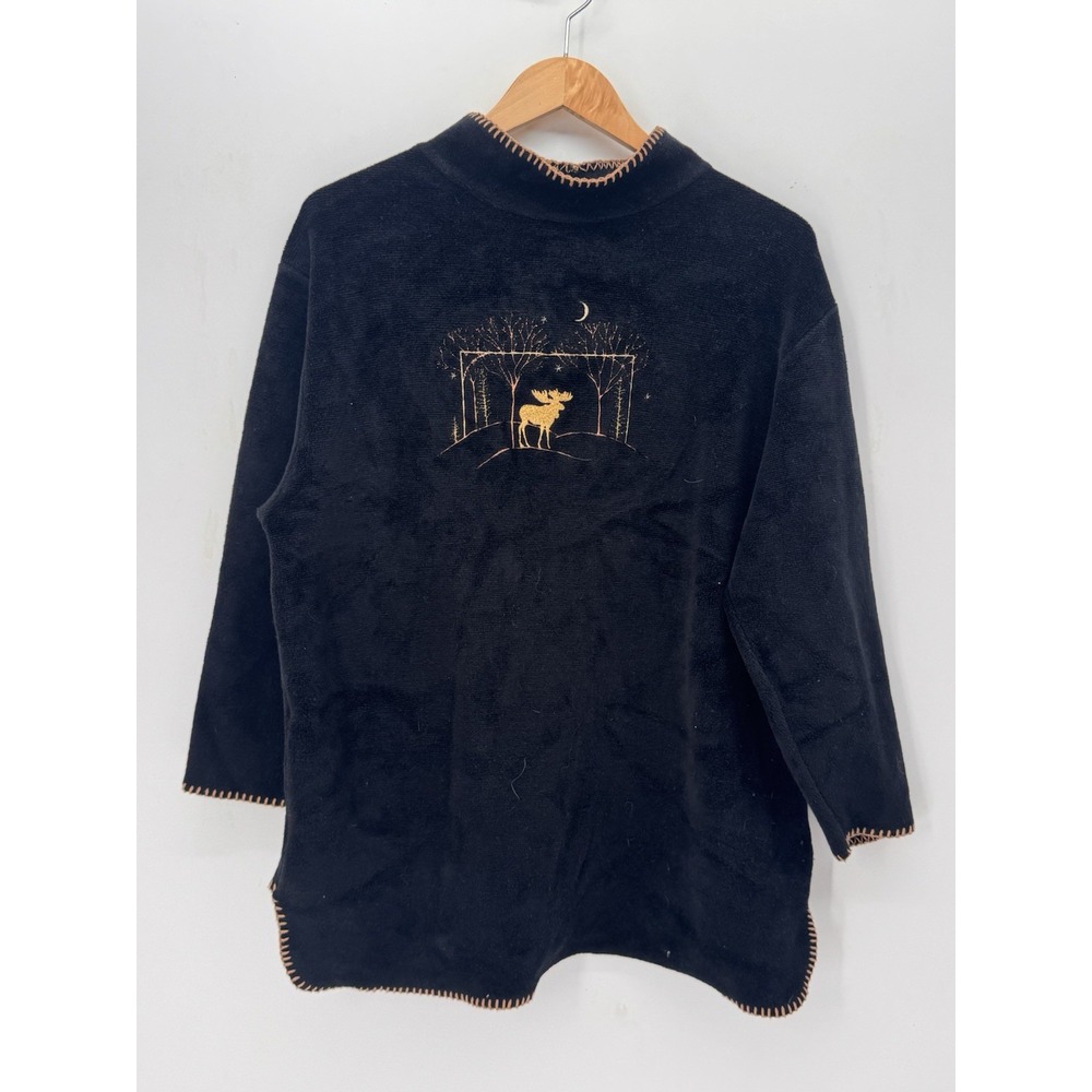 Vintage Coldwater Creek XL Black Velour Moose Embroidered Christmas Top